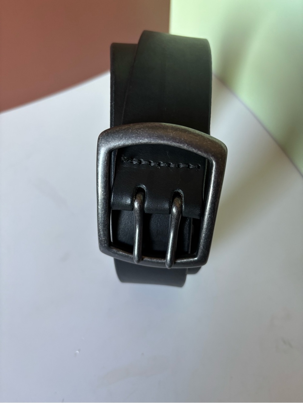 OLD NAVY Classic Black Leather Belt with Double-Prong Gunmetal Buckle